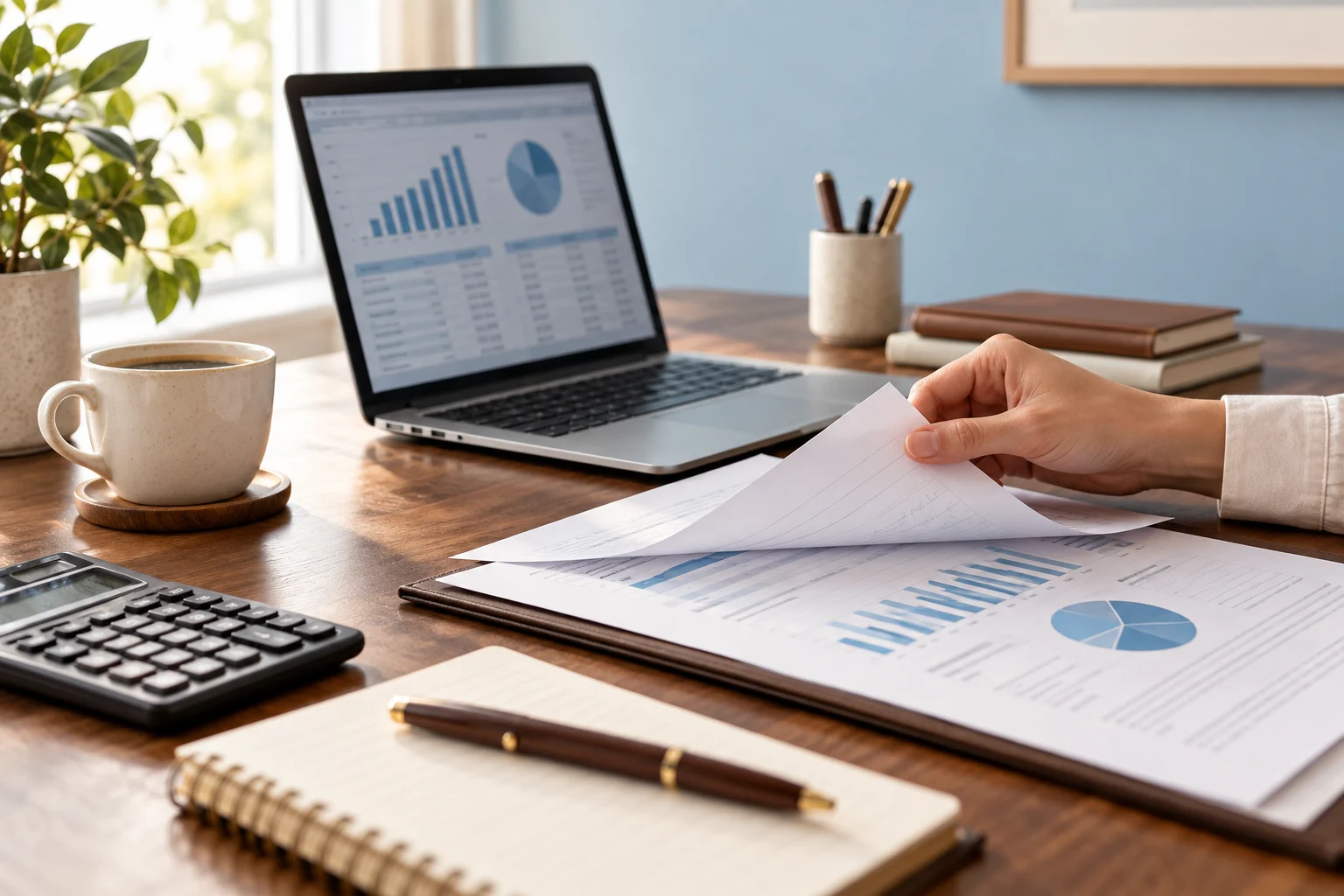 Mesa organizada com notebook e documentos contábeis, cena ilustrativa